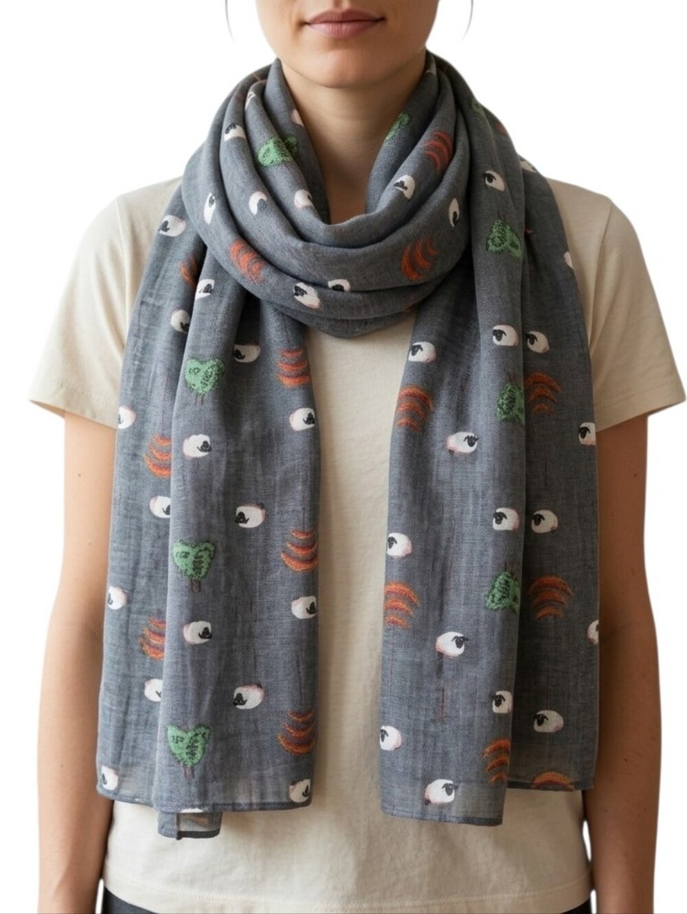 Sheep Novelty Print Lightweight Sheer Scarf Wrap Shawl Sarong Gray Semi Sheer